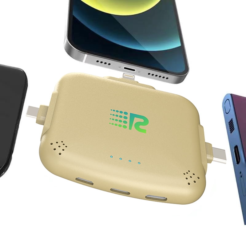 Rush Charge Universe 3 in 1 Portable Charger – 3300mah, 2.4A High-Speed Fast Charging Compatible with iPhone and Android Lightning, Type C, Micro-USB Charges 3 Devices at a Time Pre-Charged RC33 Gold