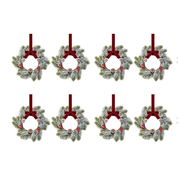 8Pcs Mini Christmas Wreath 11Inch Xmas Kitchen Cabinet Decorations with Norfolk Pine Red Ribbon Pine Cones Small Decor Farmhouse Artificial Hanging Garlands for Front Door Window Chair Wall
