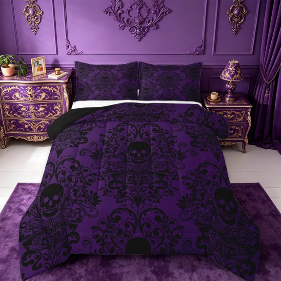 Homewish Baroque Floral Bedding Comforter Set,Spooky Ghothic Skeleton Twin Comforter Sets,Black Purple Bedding Set For Adults,Ultra Soft Bedroom Decoration Reversible,2pcs