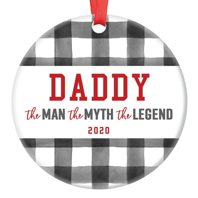 2020 Father Daddy Christmas Tree Ornament Amusing Man Myth Legend Ceramic Collectible Present for Dad Papa from Son Daughter Children Kids 3" Flat Porcelain Keepsake with Red Ribbon & Free Gift Box