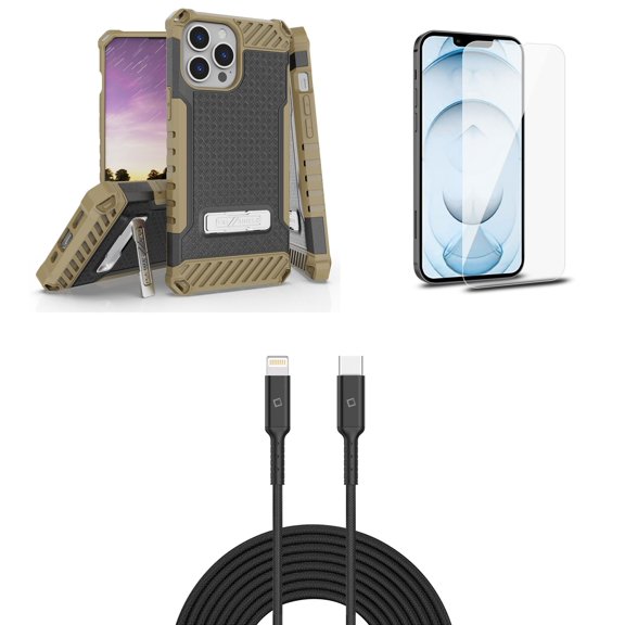 Bemz iPhone 13 Pro Max Bundle: Tri Shield Shockproof Armor Rugged Case (Earth Brown), Premium Glass Screen Protectors (2-Pack), USB-C to Lightning Cable (3.3ft/1m)