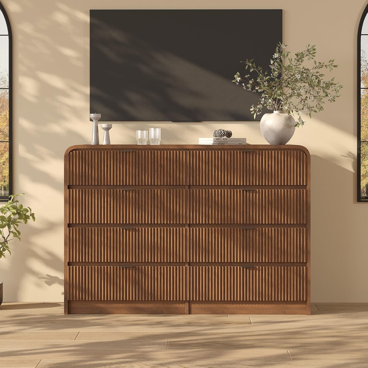 Fluted 8-Drawer Wide Dresser, Walnut Wood Chest with Rounded Edge for Bedroom, Living Room, Hallway