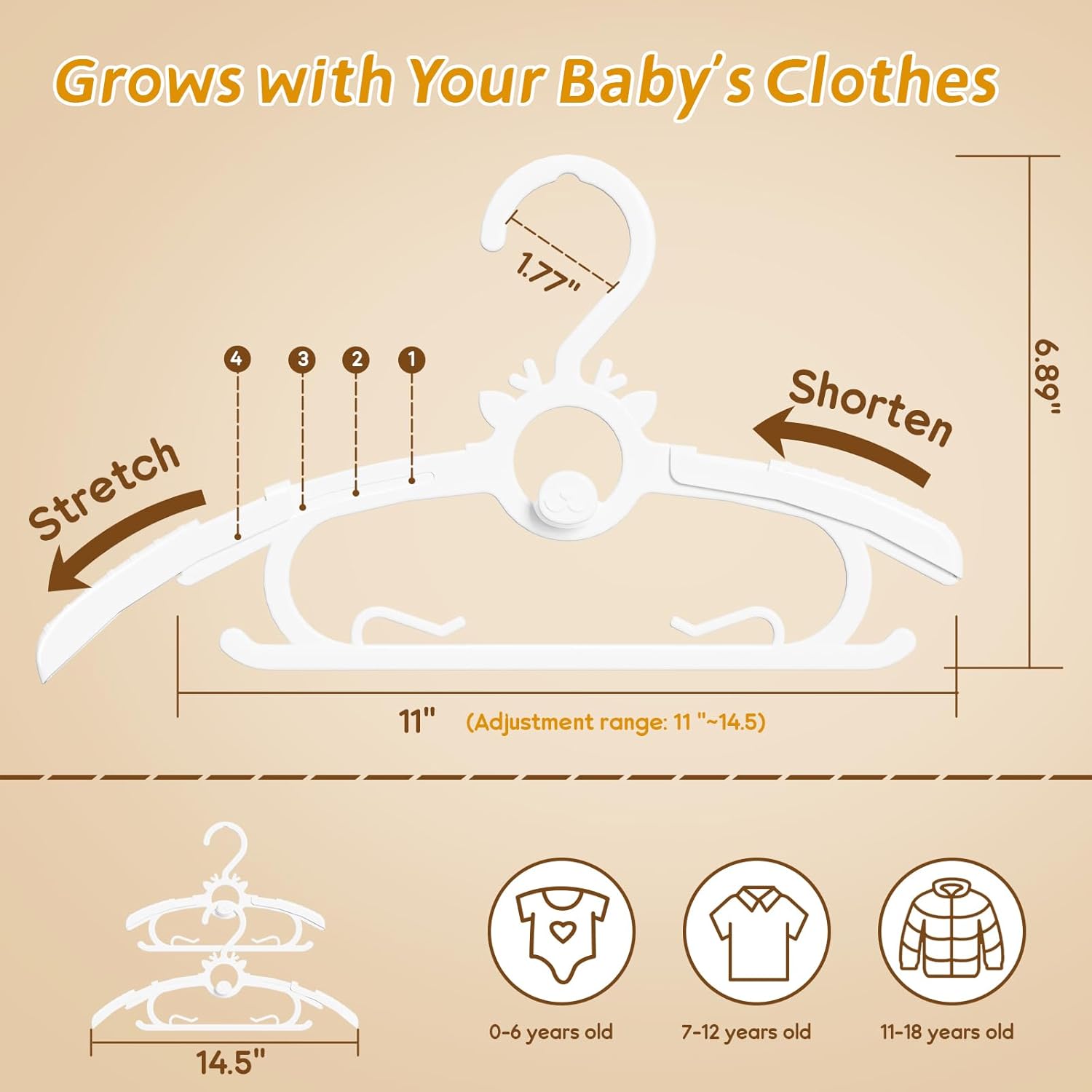 Baby Clothes Hangers 80PCS, 11"-14" Extendable and Stackable Kids Hangers, 45g Ultra-Thick Space Saving Non-Slip Plastic Hanger for Infant, Toddler and Nursery Closet,white