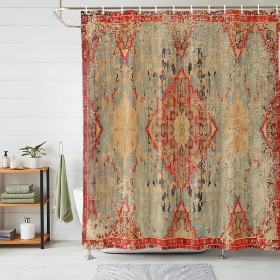 Shower Curtains for Bathroom, Red Blue Boho Waterproof Fabric Shower Curtain, Ehtnic Abstract Art Modern Geometric Decorative Bathroom Curtain for Bathtub, 72"x84", No Hooks Included