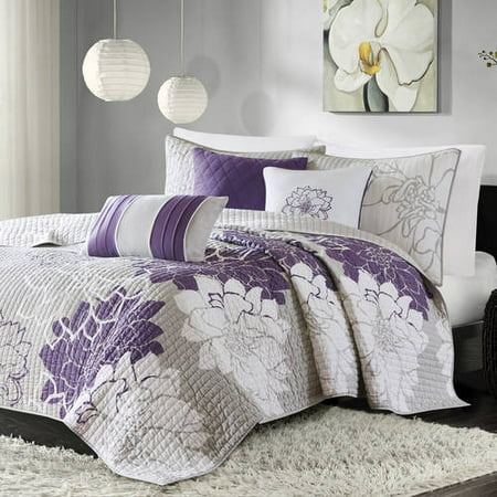 Madison Park 6pc King/California King Victoria Reversible Quilted Coverlet Set Gray/Purple: Cotton Sateen, OEKO-TEX Certified