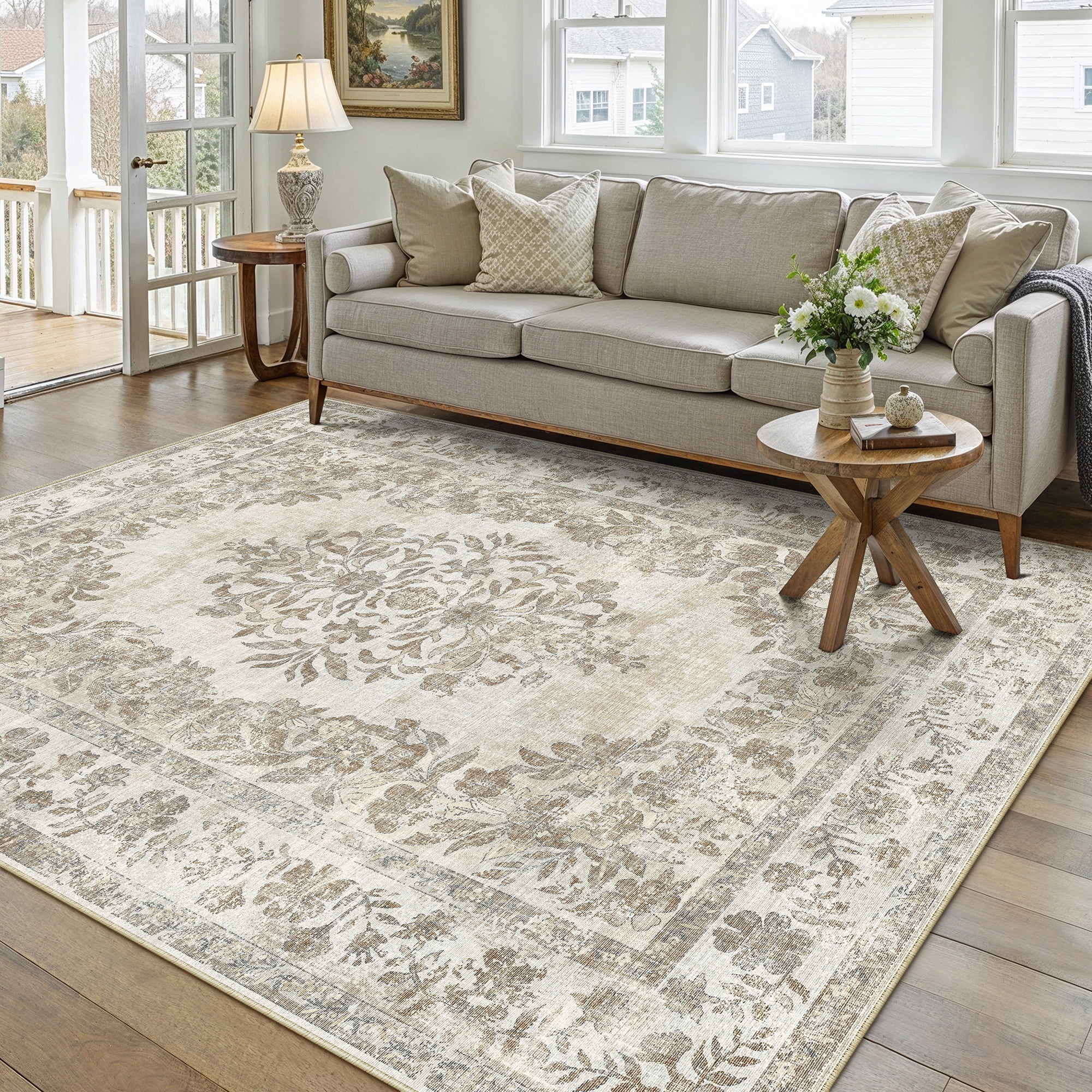 WIPONKEN 6x9 Area Rugs for Living Room Bedroom Dining Room Office Farmhouse, Machine Washable Non Slip Vintage Persia Rug Beige