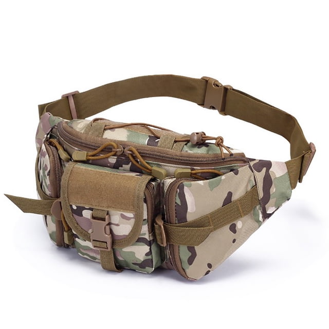 Waist Pack Large Capacity Splash-proof Bum Bag Fanny Pack for Hiking Running, featuring a multicolor camouflage design made of durable oxford material. The bag measures 15*25*15cm (5.91*9.84*5.91in) and includes a main pocket with an interlayer, a front zip pocket, a back zip pocket, and two side zip pockets. Adjustable waist strap for a secure fit, suitable for carrying essentials like a mini iPad, phone, water bottle, and wallet during activities such as hiking, running, and cycling.