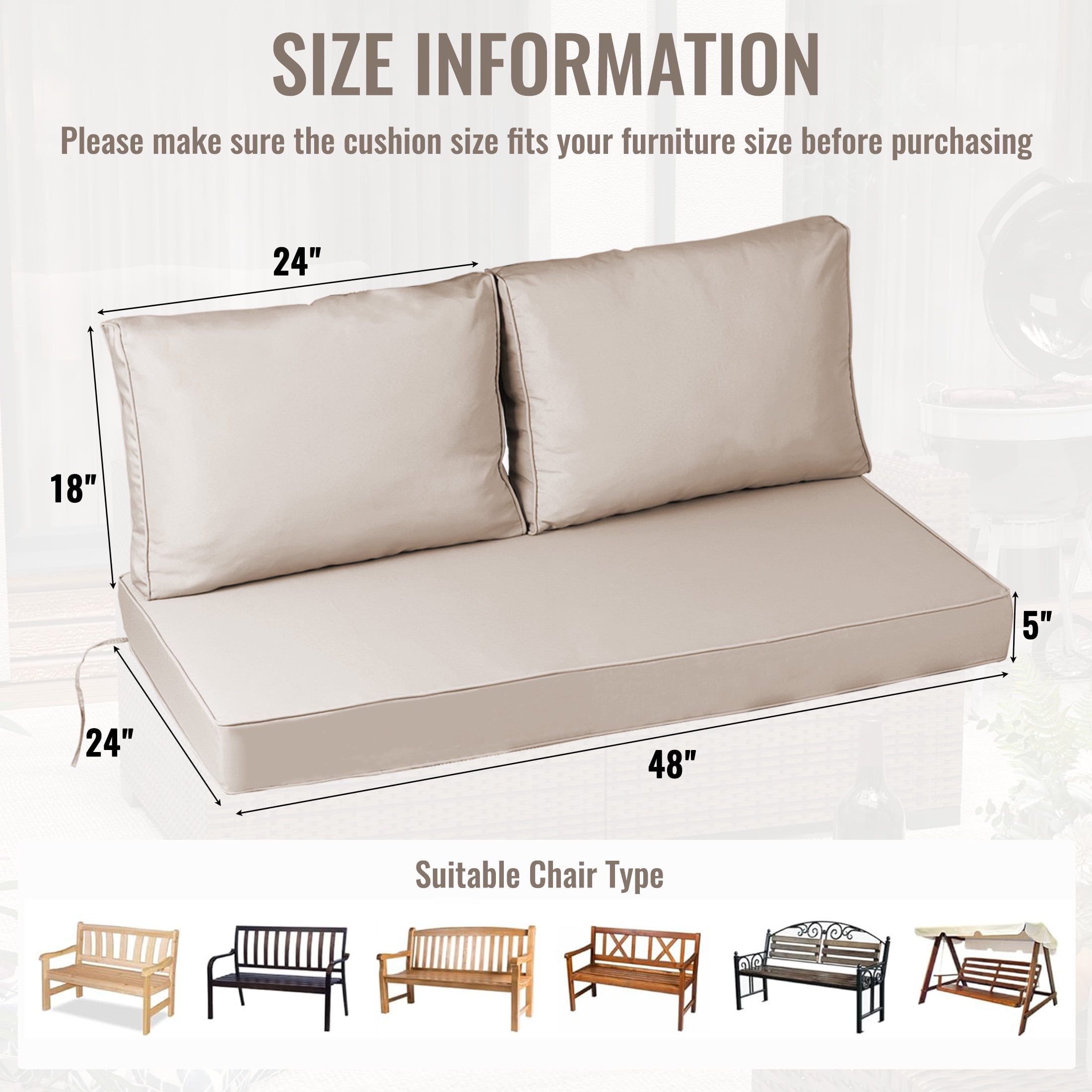 Geemuslly 48 x 24 Outdoor Loveseat Cushion Set, Waterproof & Fade-Resistant Patio Replacement Cushions for Sofa, Bench, or Swing – Thick Seat & Backrest Support,Khaki