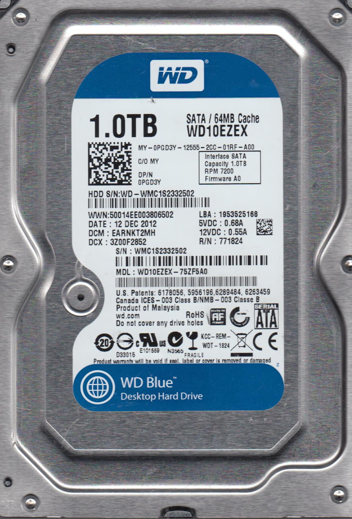 WD10EZEX75ZF5A0, DCM EARNKT2MH, Western Digital 1TB SATA 3.5 Hard