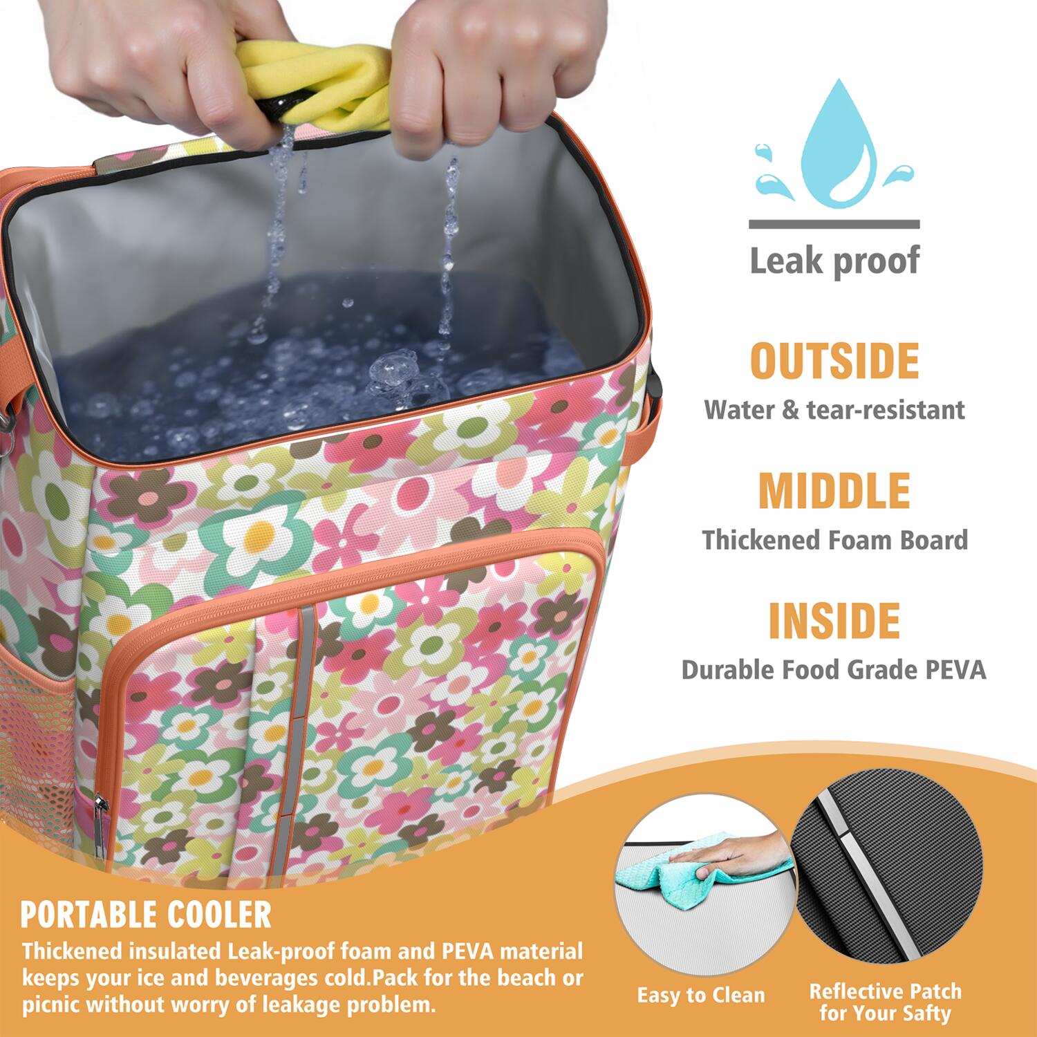 Travel Cooler Bag - Pioneer Flower Floral Print Pattern Camping Beer Cooler Backpack with Bottle Opener- Waterproof Insulated Picnic Backpacks - Cooler Bag for Beach