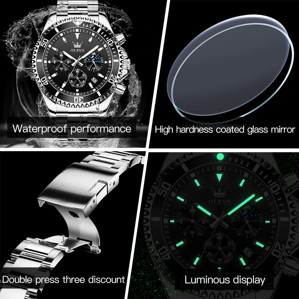 OLEVS Mens Watches Chronograph Luxury Dress Moon Phase Quartz Stainless Steel Waterproof Luminous Business Calendar Wrist Watch Black Dial
