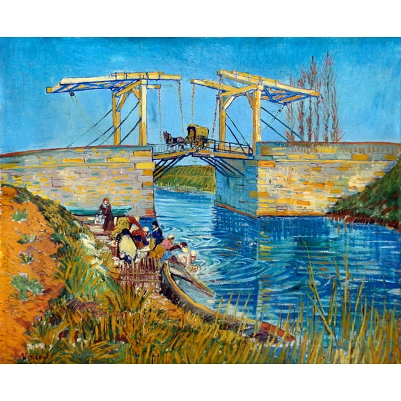 The Langlois Bridge at Arles with Women Washing by Vincent van Gogh - 12" x 18" Art Print Wall Decor