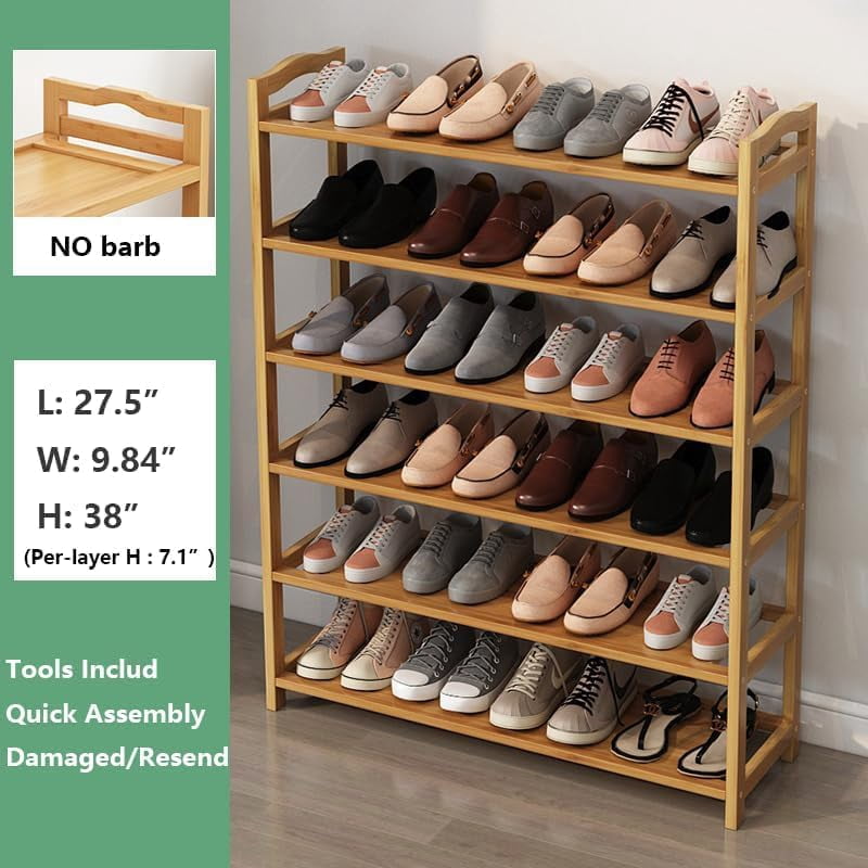 Bamboo Shoe Rack for Closet, 6 Tier Wooden Stackable Shoe Organizer, Free Standing Shoes Storage Shelf for Entryway, Front Door Entrance, Natural