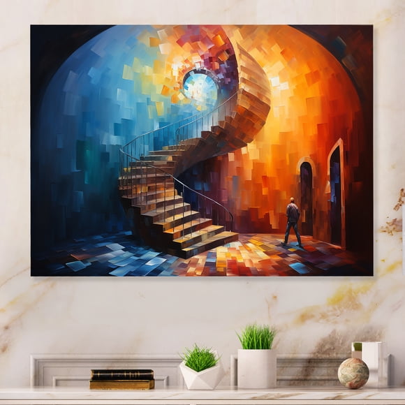 Designart "Spiral Staircase in Blue and Red" Abstract Spirals Metal Wall Art, Blue Metal Wall Decor, Modern Metal Art Decor For Bedroom - 32x24 Inch