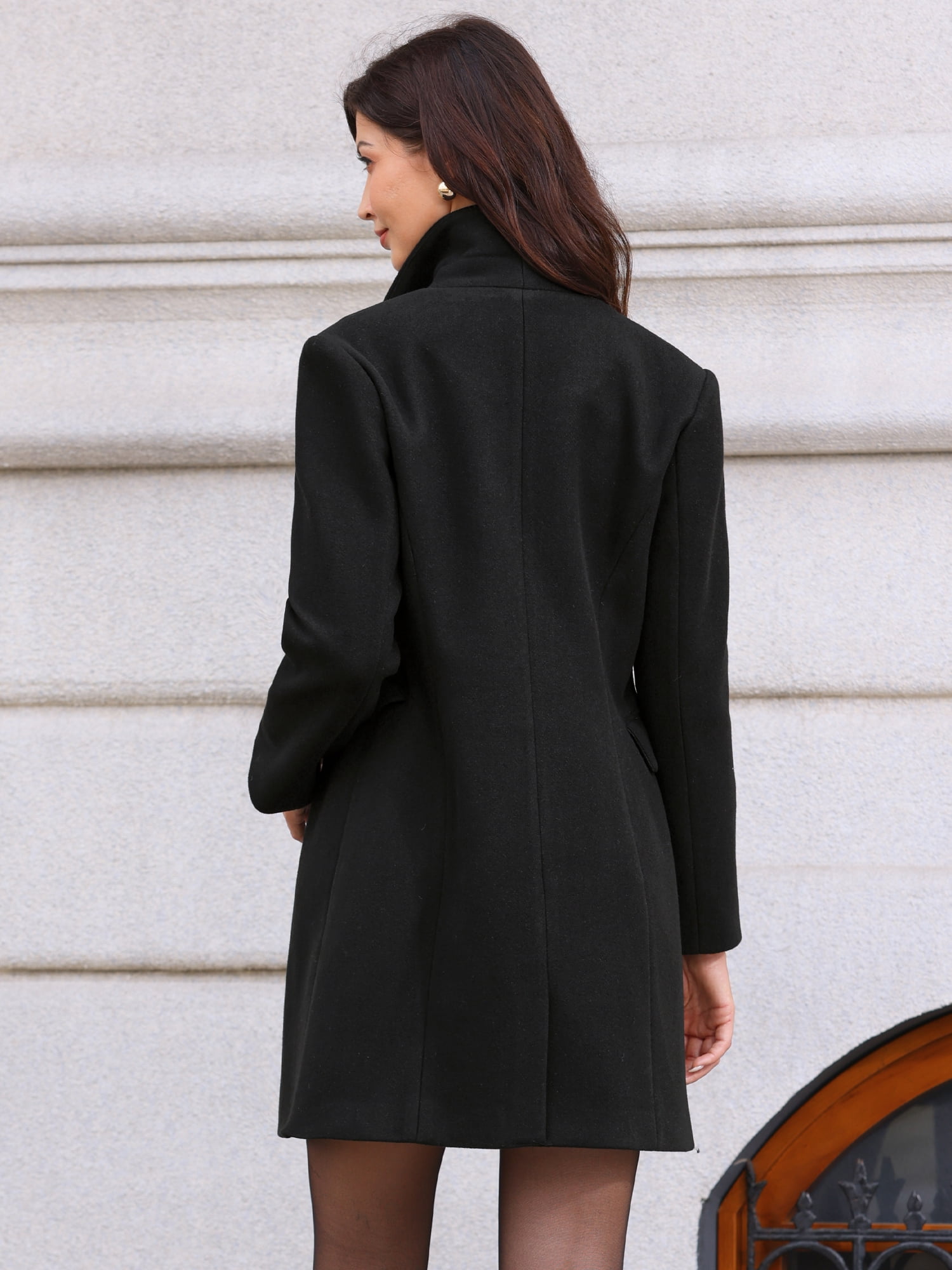 DARING DIVA Women's Double Breasted Shawl Collar Long Coat With Pockets M Black