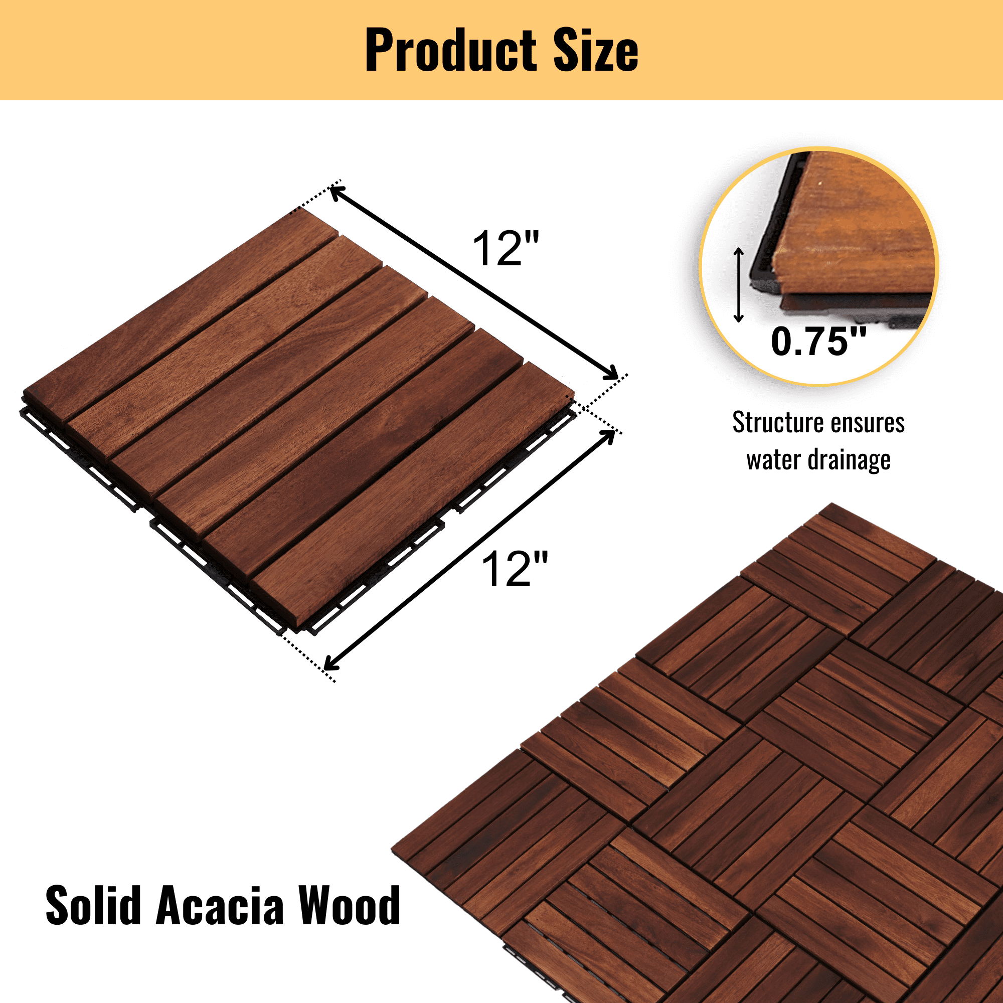 Acacia Wood Deck Tiles, 20 PCS 12x12 Inch Striped Interlocking Floor Tiles for Patio Garden Outdoor Space, Natural