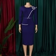 thumbnail image 3 of AURA Plus Size Belted Pencil Midi Dress High Waist Crewneck Long Sleeve Elegant Office Work Dress with Zipper, 3 of 10