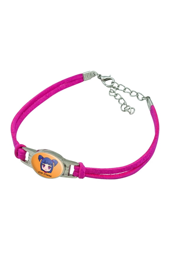 Stop Staring Kawaii Chibi Girl Pigtails Novelty Suede Leather Metal Bracelet