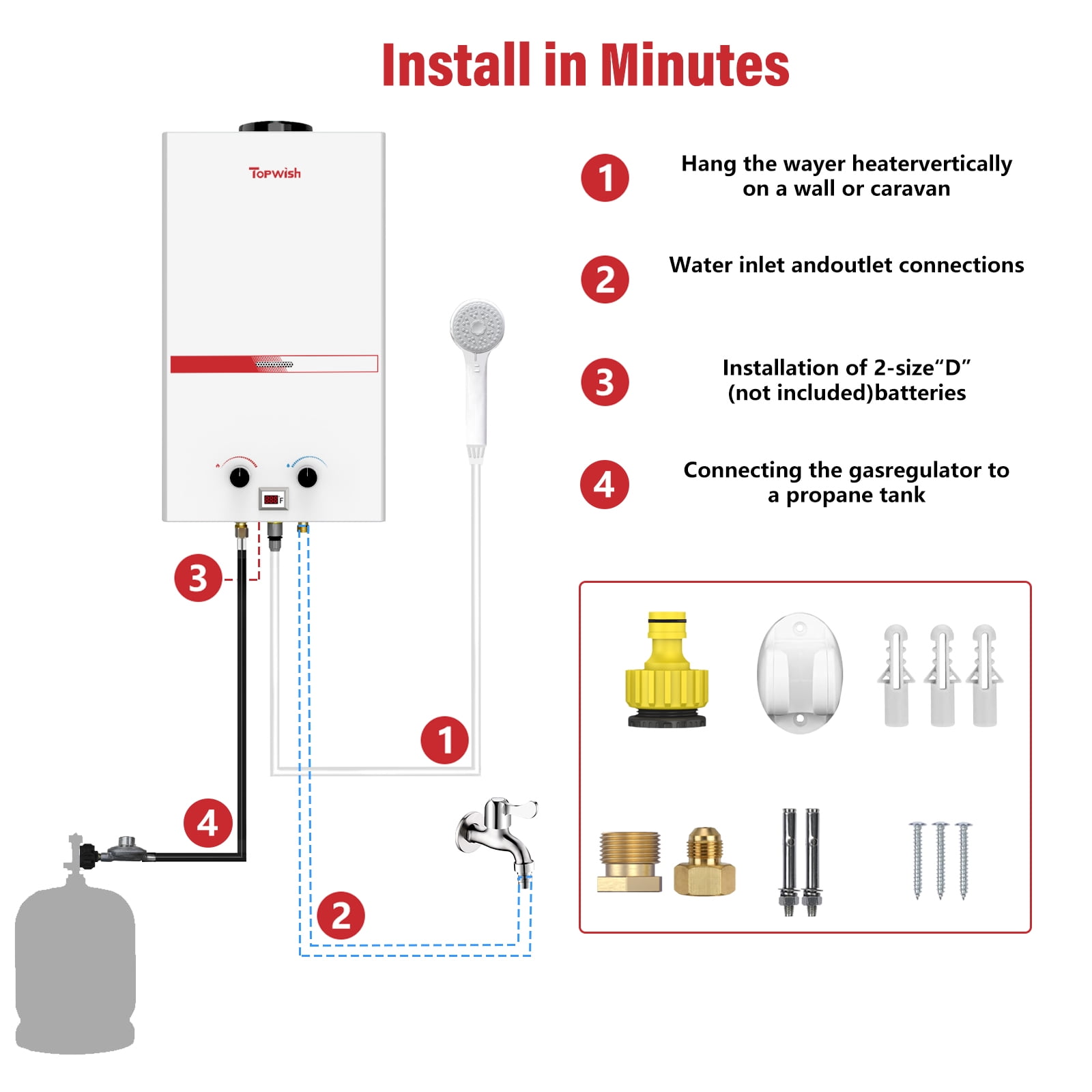 TOPWISH 12L Tankless Propane Water Heater, 3.16 GPM Portable Camping Hot Water Heater, 81,800 BTU, Digital Display, 6-in-1 Safety Protection, Battery-Powered for Outdoor RV Shower & Cabin