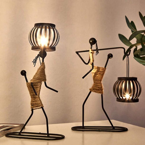 2 candelabros para mesas, candelabros de hierro negro retro, candelabros vintage, soporte para niña pequeña con diseño de cuerda de cáñamo (C)