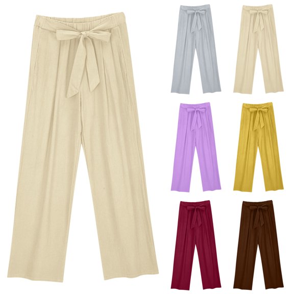 Paiwinds Women's Spring Solid Color Lace-Up Waist Straight Leg Casual Pants Loose Fit Cotton Linen Blend Trousers with Pockets for Daily Wear