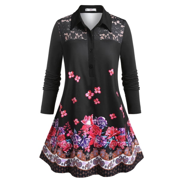 Top de Túnica de Talla Extra con Estampado de Flores con Media Rosegal Blusas Tallas Grandes