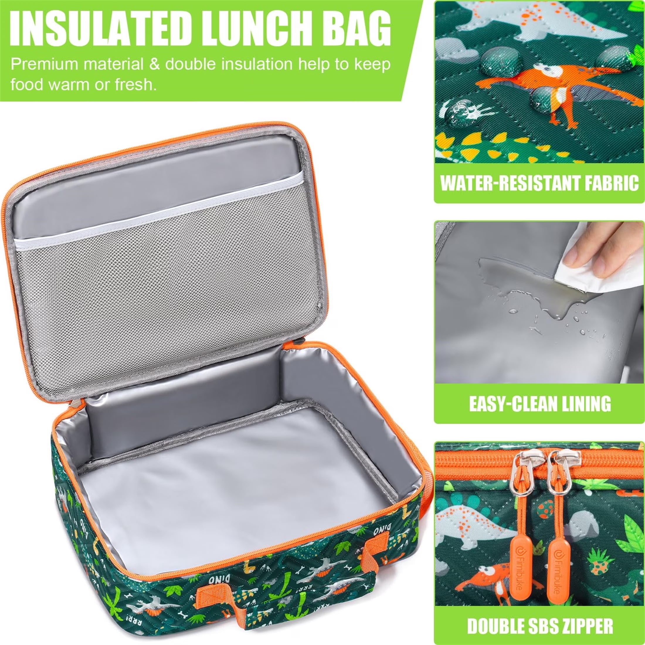 Bento Lunch Box with 4 Compartments, Insulated lunch Bag, 14oz Stainless Steel Water Bottle, Ice Pack, Utensils Set (Green Dinosaur)