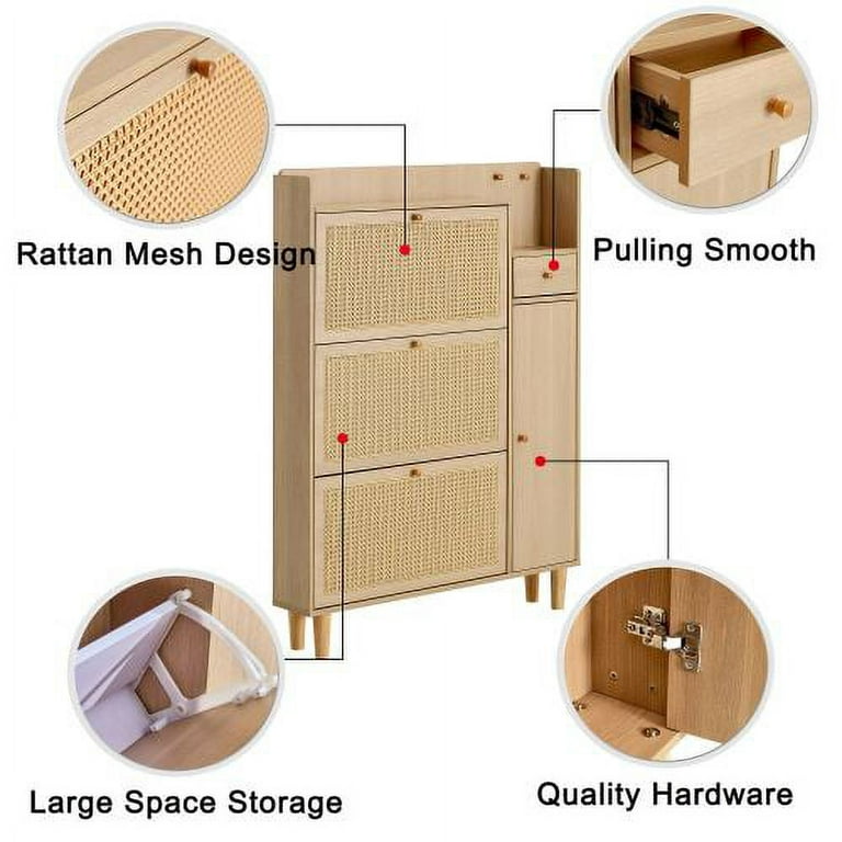 Sweiko 3 Flip Drawer Shoe Cabinet Natural Rattan Shoe Cabinet Organizer  Freestanding Wooden Shoe Rack Storage Cabinet with Metal Legs for Entryway