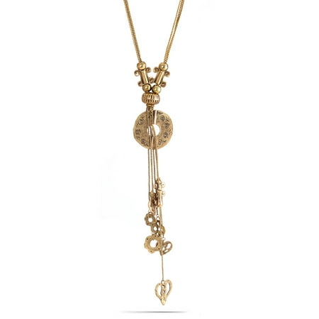 TAZZA WOMEN'S OXIDIZED ANTIQUE LOOK VINTAGE BOHO STYLE GOLD-TONE CHARMS TASSEL LONG NECKLACE #SWR-CP4186A GLD