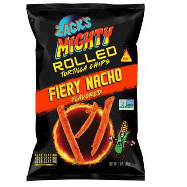 Zack's Mighty Fiery Nacho Rolled Tortilla Chips, 7 oz Film Bag, No Artificial Colors or Dye