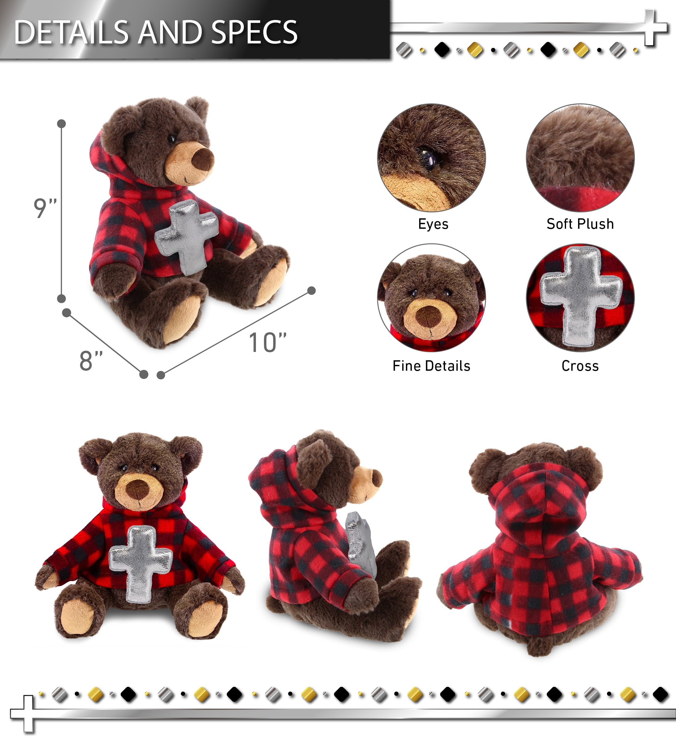 DolliBu Brown Bear with Red Plaid Hoodie Stuffed Animal with Silver Cross Plush - Religious Baptism Gifts for Boys and Girls, Dedication Christening Gifts Plush Prayer Toy Stuffed Animal - 9 Inch