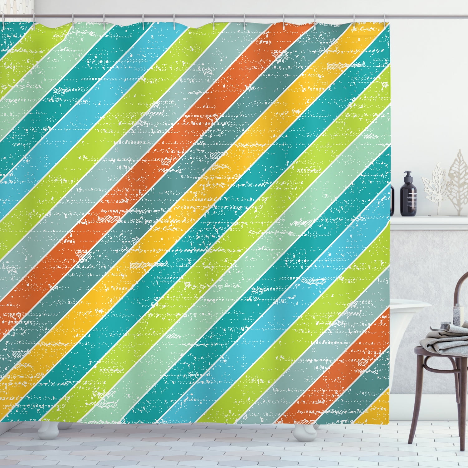 Vintage Rainbow Shower Curtain, Diagonal Stripes with Grunge Effect