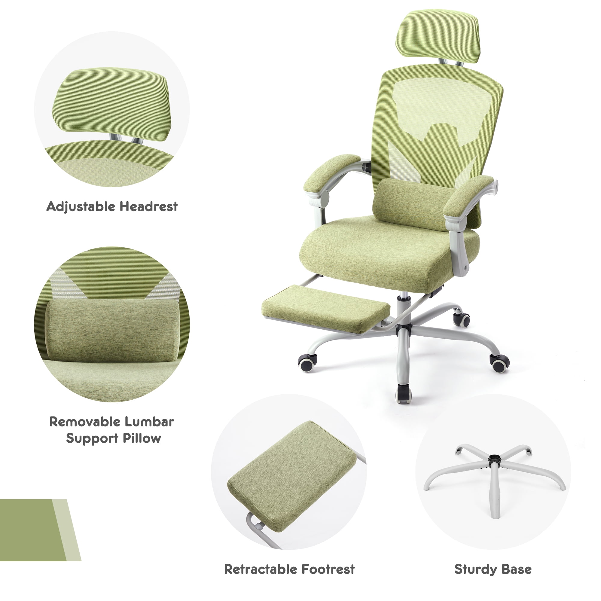 CONCETTA Ergonomic High Back Mesh Office Chair with Headrest, Footrest, Armrests for Adults, Green