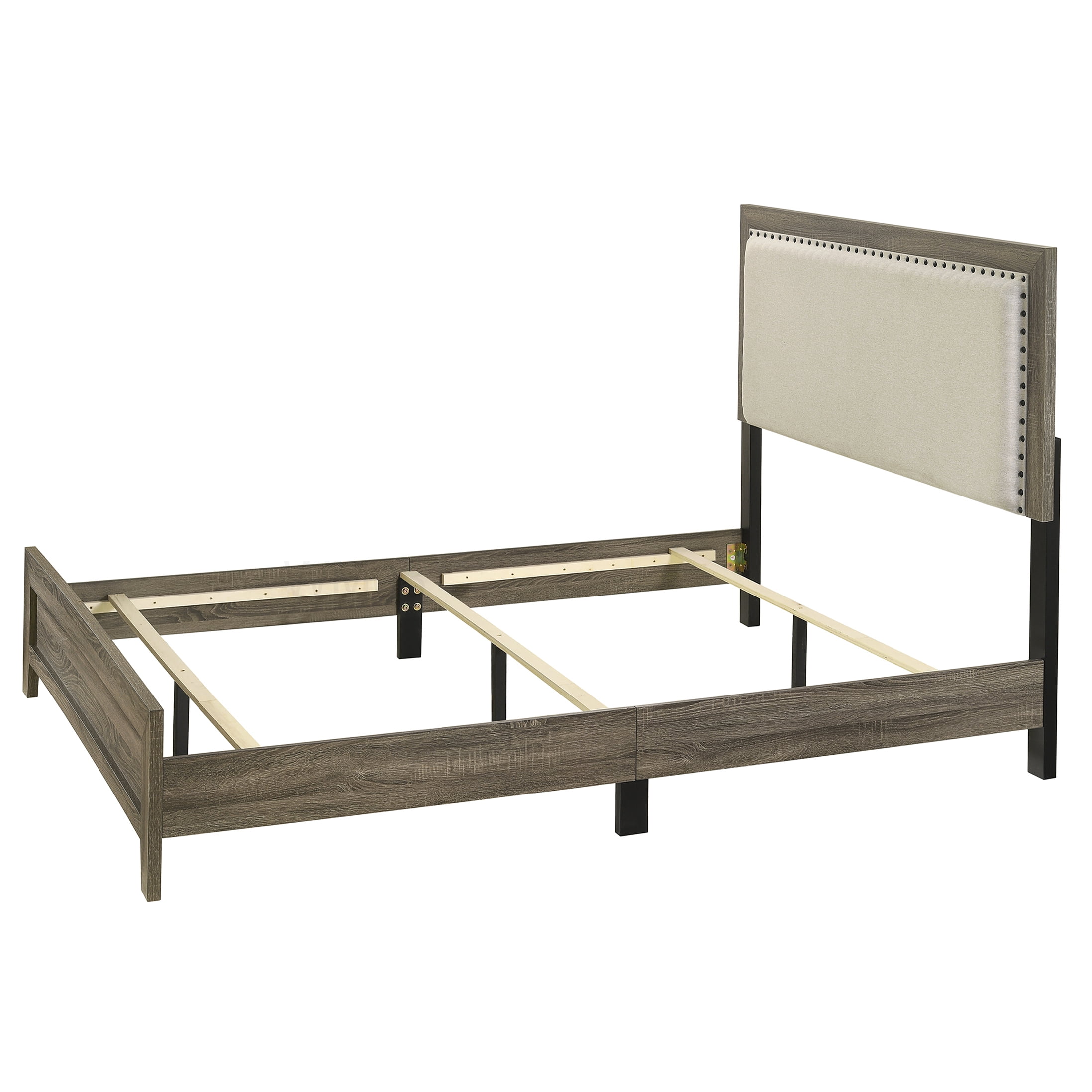 Modern Grey Upholstered Queen Bed, Platform Bed Frame with Button Tufted Headboard and Nailhead Accents