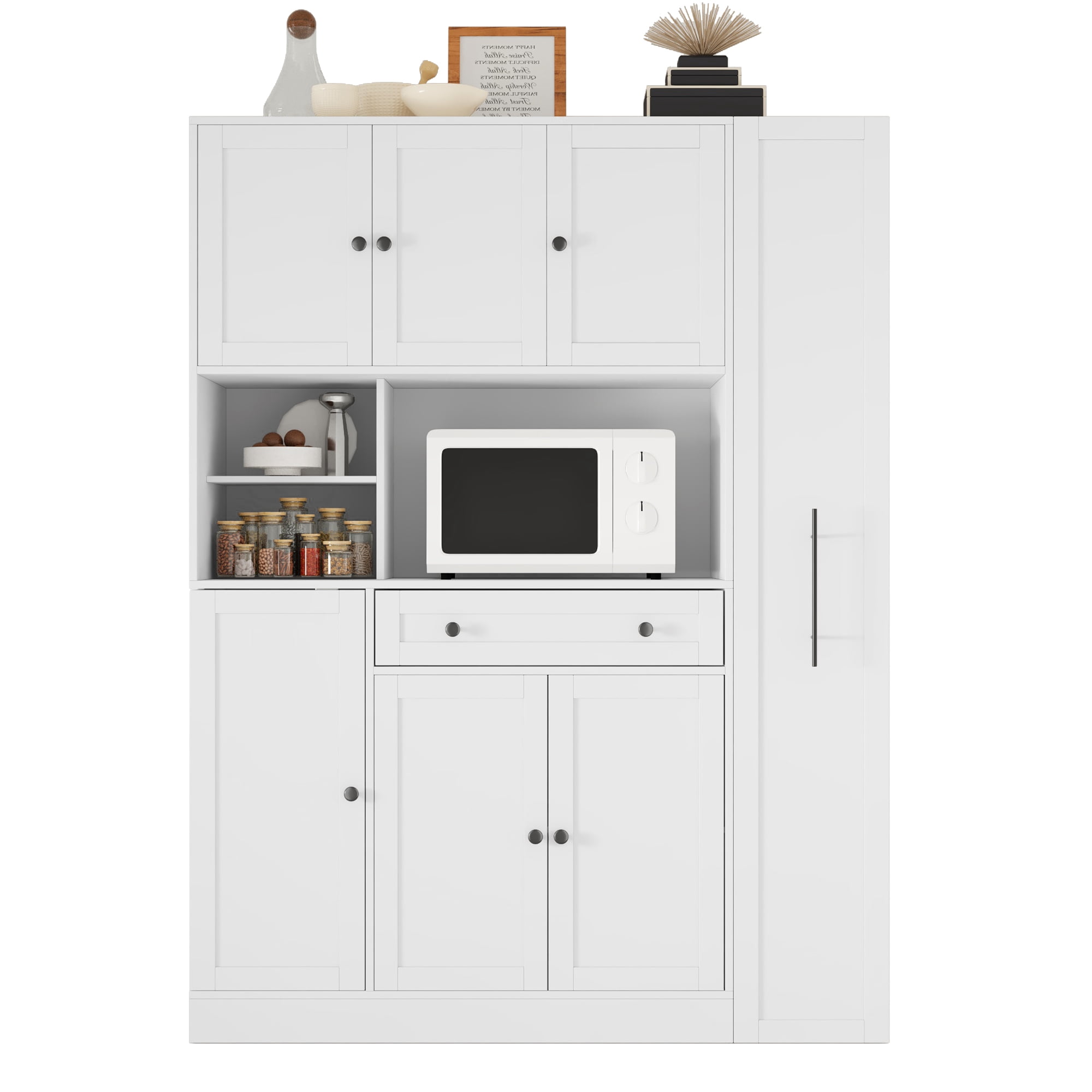 Harper & Bright Designs Farmhouse Kitchen Pantry Cabinet with Microwave Shelf, Tall Kitchen Storage Cabinet with Door and Drawer, Large Freestanding Hutch with Pull-Out Side Cabinet, 70", White