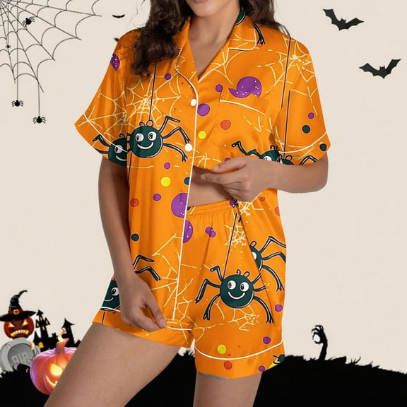 Aobny Christmas Pajamas for Women Festival Orange Cobweb Sleepwear Short Sleeve Collared Cute Womens Pajama Set,L