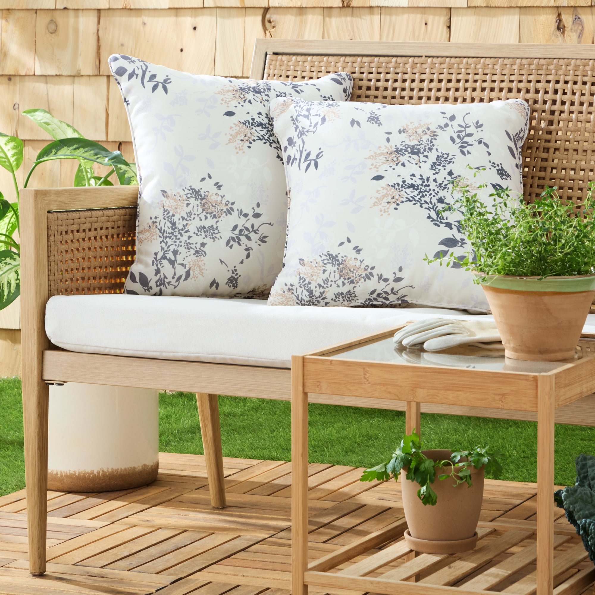 MARTHA STEWART Charming Foliage Indoor Outdoor Decorative Pillow 2-Pack Set, UV Fade Resistant, Water Repellent, Printed Floral Design, Warm Grey, 18"x18"