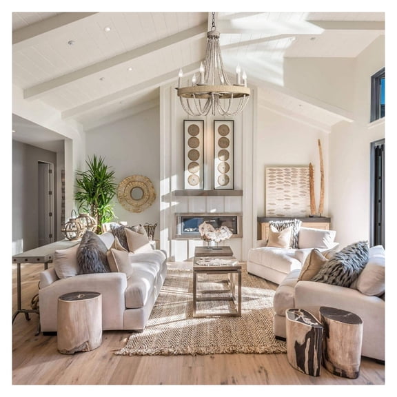 Farmhouse Beaded Chandelier 22'' Boho Wagon Wheel Chandeliers Wood Bead Ceiling Light Fixture for Living Room 6 Lights