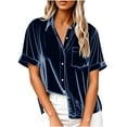 thumbnail image 2 of Velvet Shirt Women Short Sleeve Lapel Collar Dressy Blouses Holiday V Neck Tshirts with Chest Pocket Loose Fitted Button Down Top Trendy Outfits, 2 of 6
