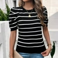 thumbnail image 4 of SWSMCLT Women's Soft Knit Tshirt Striped Puff Sleeve Casual Crewneck Knitted Tee Top Short Sleeve Sweater Fall Fashion Cute Loose Spring Black Medium, 4 of 5