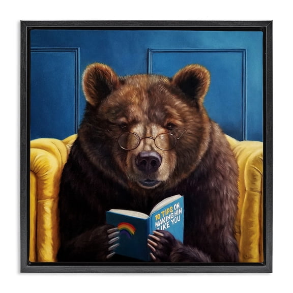 Stupell Industries Brown Bear Reading Dating Book Animals & Insects Painting Black Floater Framed Canvas Art Print Wall Art, 18 x 18