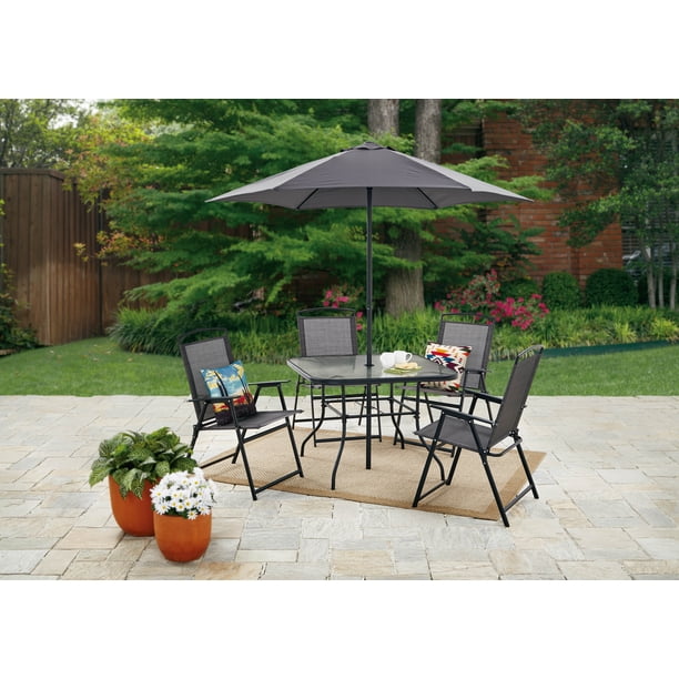 Mainstays Lakewood Heights Folding Patio Dining Set 6 Piece Gray Walmart Com Walmart Com