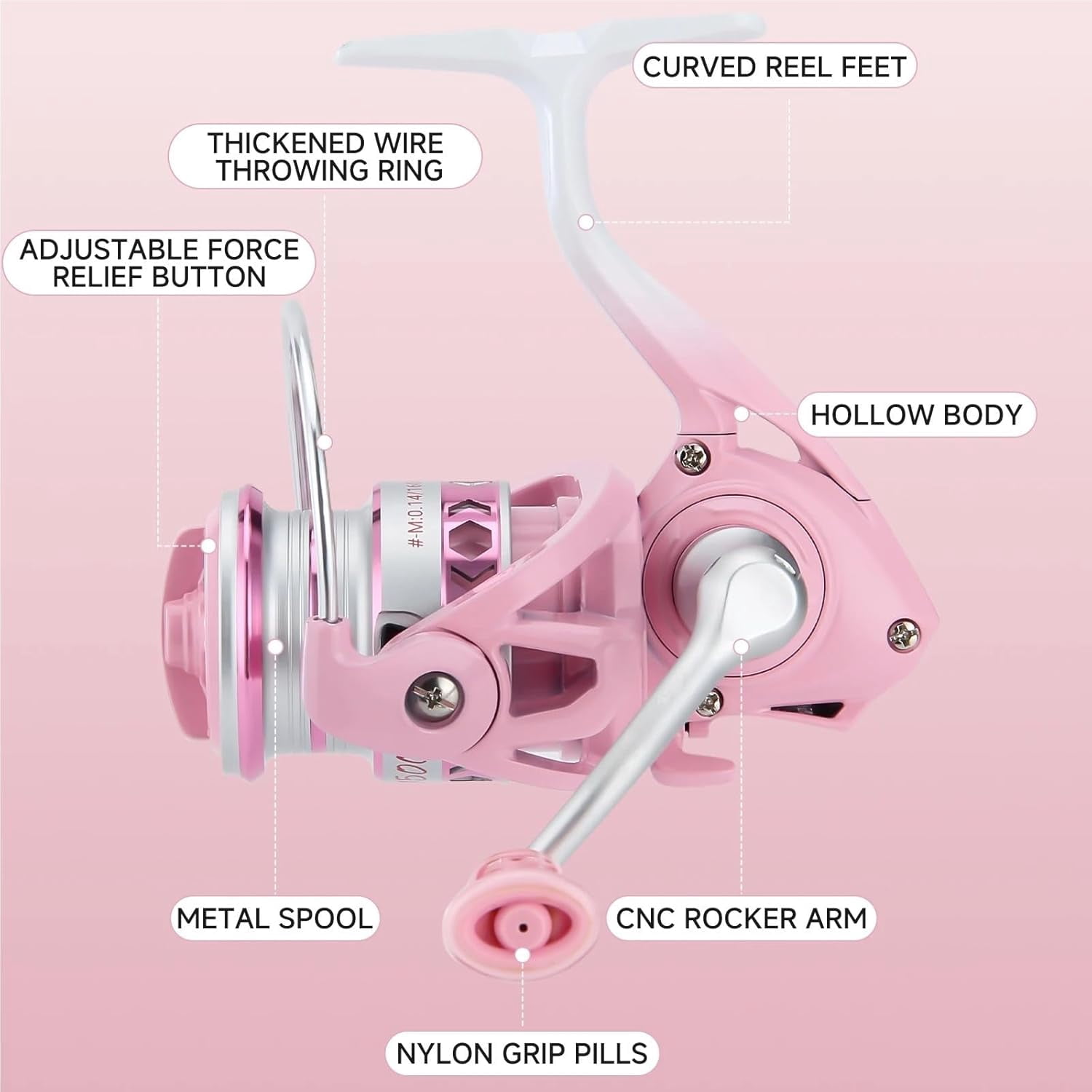 Pink Purple Lightweight Spinning Fishing Reel 3+1BB 5.2:1 Gear Ratio 8KG Max Drag Metal Spool Rocker Arm Interchangeable for Left and Right Hands