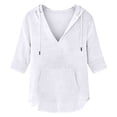 thumbnail image 5 of Women's Cotton Linen Hooded Cover Up, 3/4 Sleeve V-Neck Pocket Shirt, Lightweight Beach Kimono for Bikini Cover, Summer Vacation, and Resort Wear-White, 5 of 10