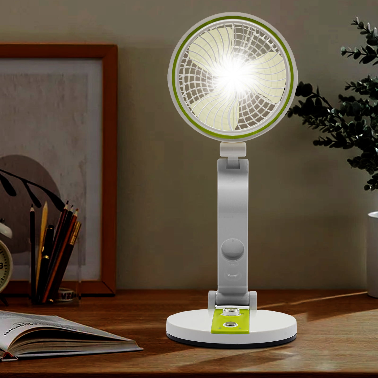 Portable Rechargeable Folding Fan with Light 3 Speed & LED Desk Lamp for Outdoor Camping, Travel