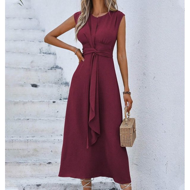 LOVZFMLL Robes Mode Femme Couleur Unie Manches Courtes Col Rond Taille Ajustée Robes