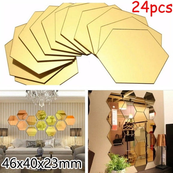 Homena 24Pcs Hexagon Mirror Sticker Gold Self Adhesives Tiles Wall Sticker Decals DIY Living Room Bedroom Bathroom Home Decorations