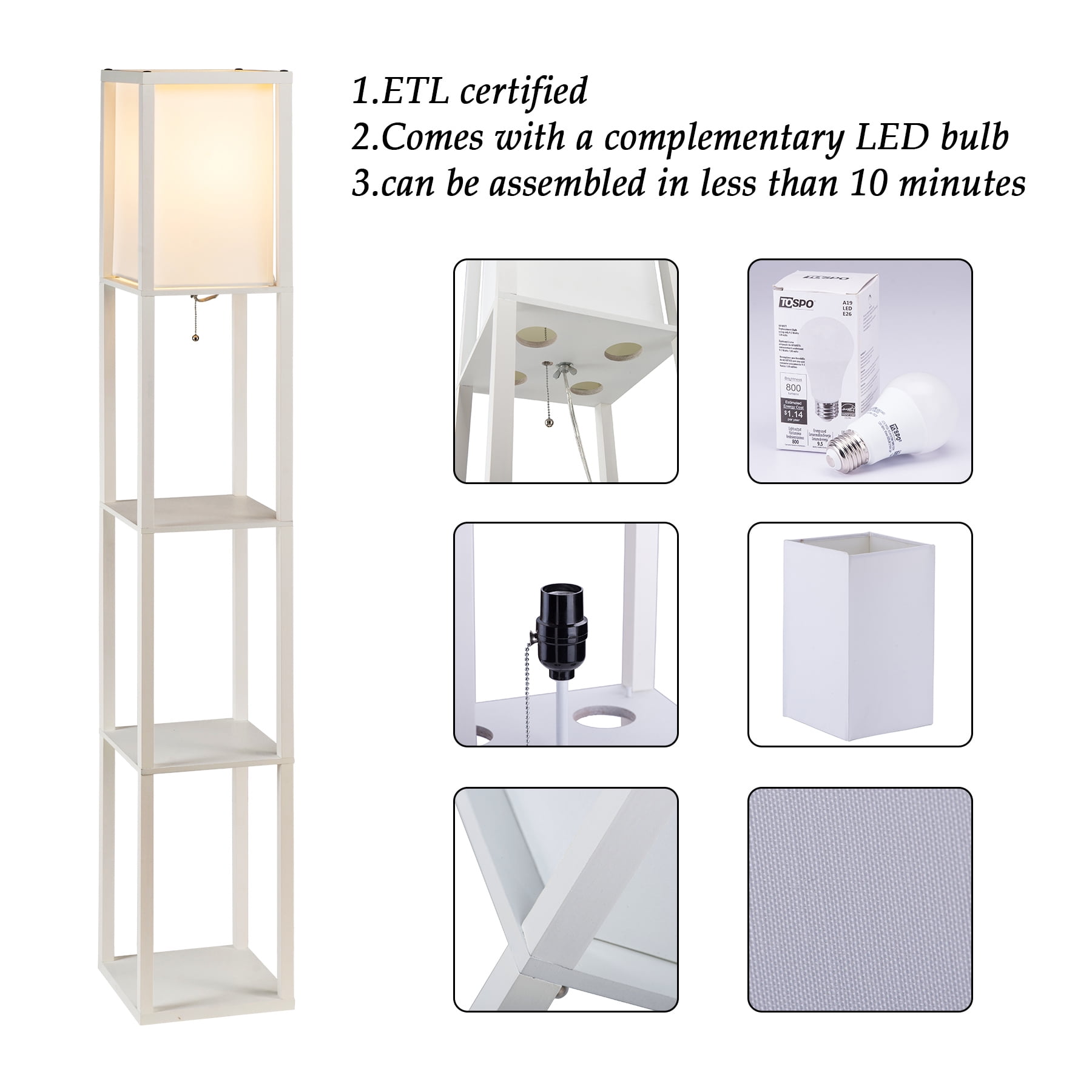 Accent Light Metal Shelves Floor Lamp with Storage, Fabric Shade