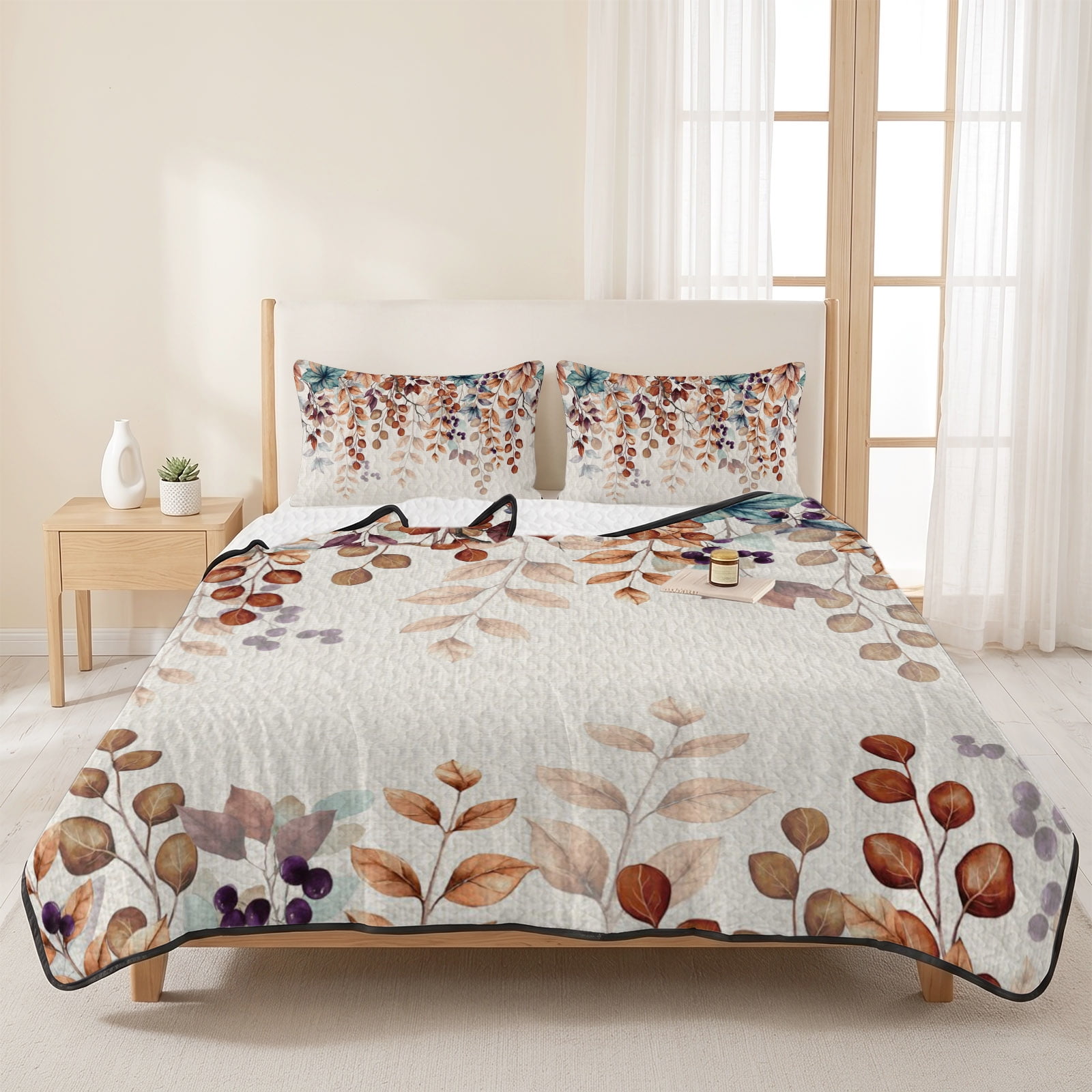 Queen Quilts Bedding Set Fall Orange Eucalyptus Leaf Soft Warm Quilted Bedspread Comforter with Pillow Shams Fallen Leaves Retro Linen All Season Coverlet Bed Decor Blankets