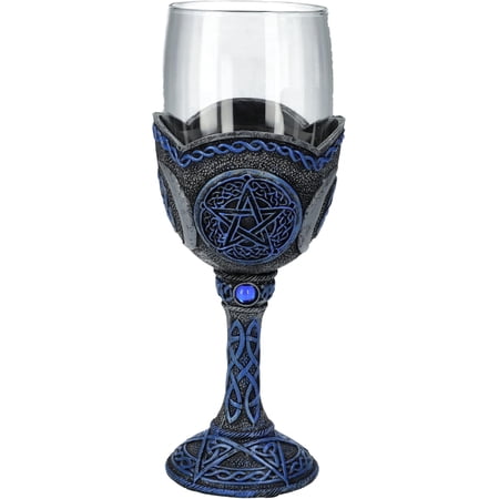 Pacific Giftware 7oz Pentagram Glass Goblet – Celtic Knot Chalice with Blue Gem Accents - Mystical Ritual Drinkware for Wicca Gothic Themed decor